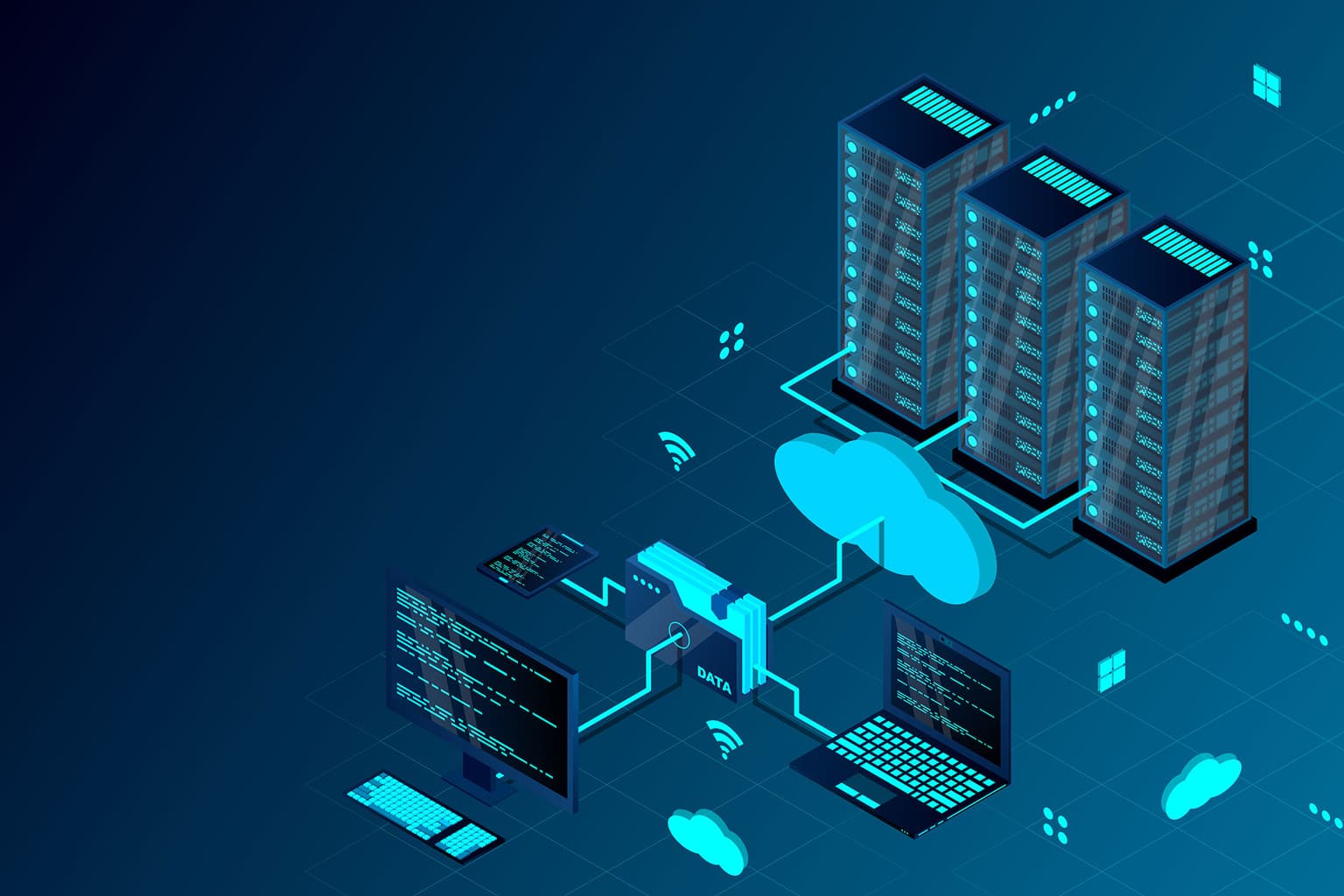 Servers connected to computers and clouds