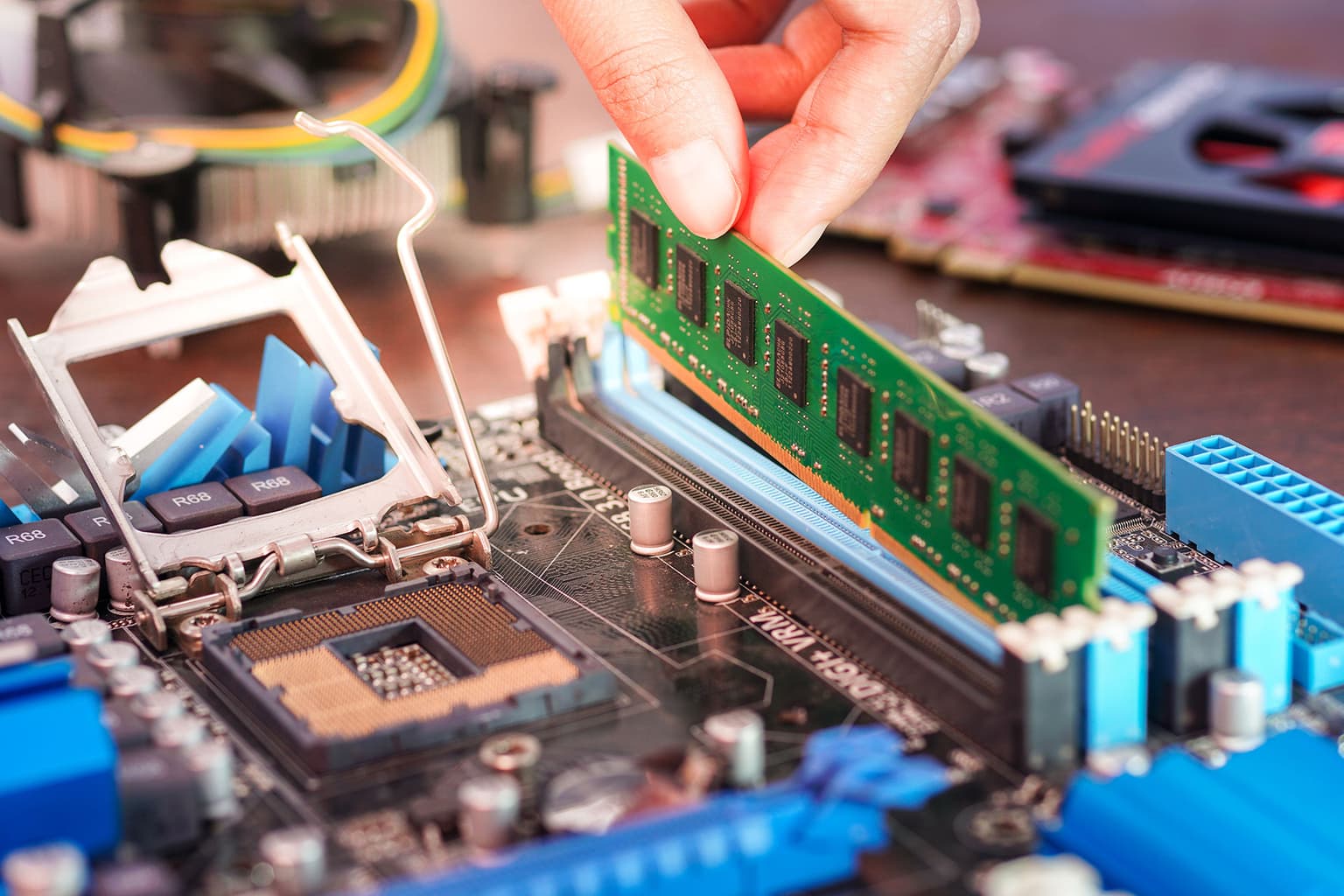 RAM is inserted on a motherboard