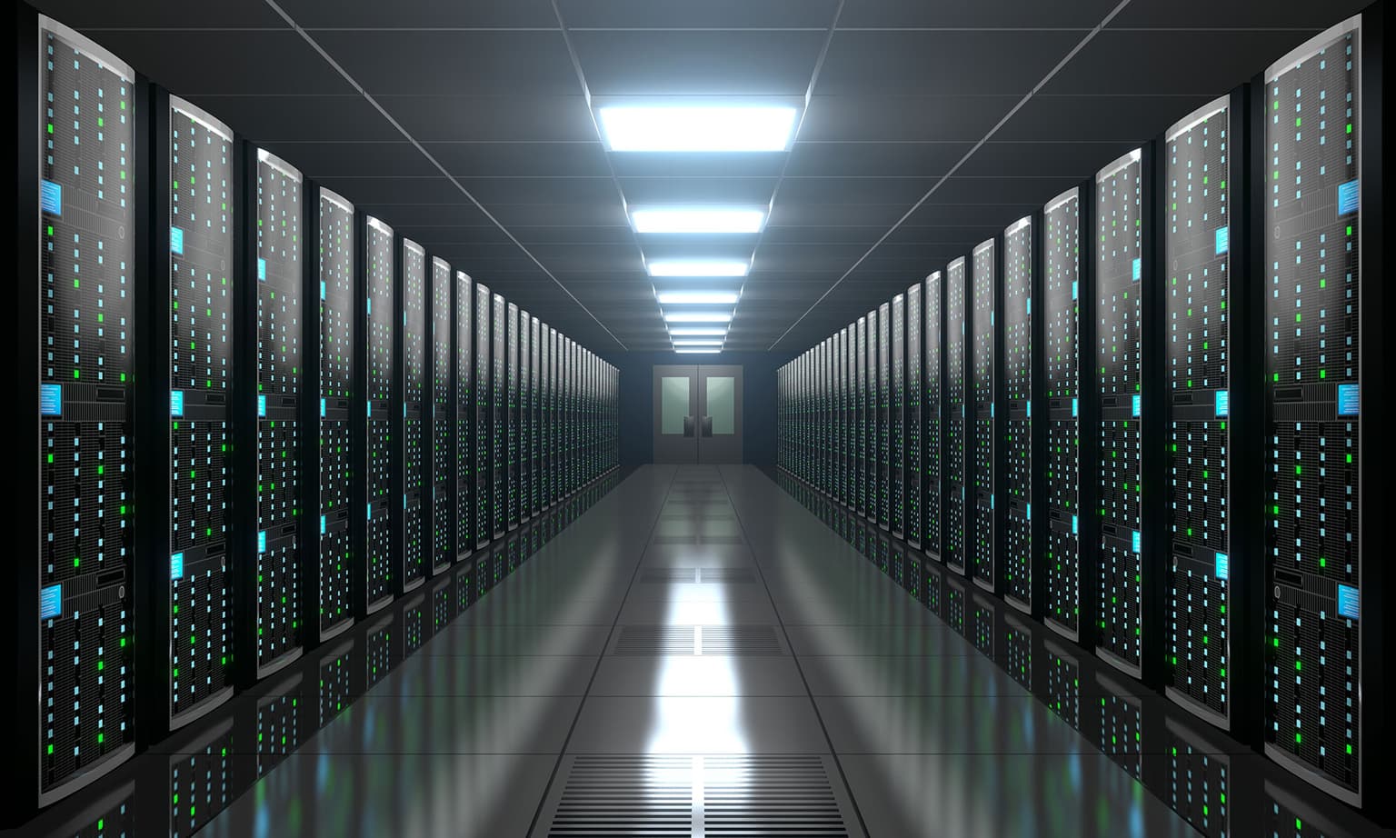 Corridor full of grey servers.