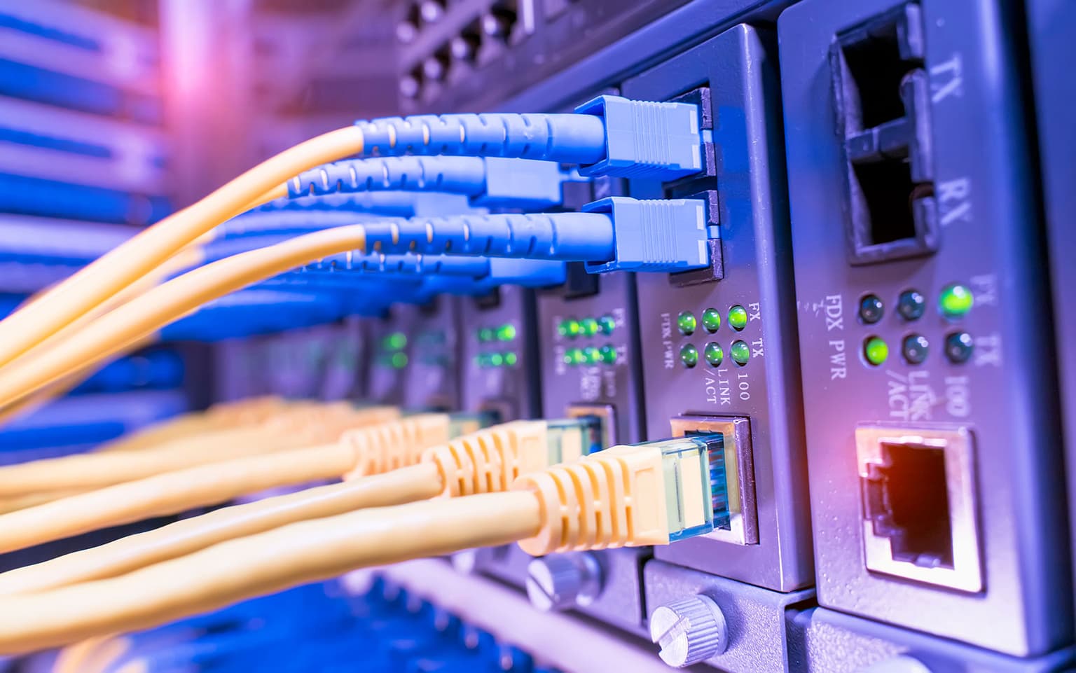 Illustration of blue and yellow cables connected to a server.