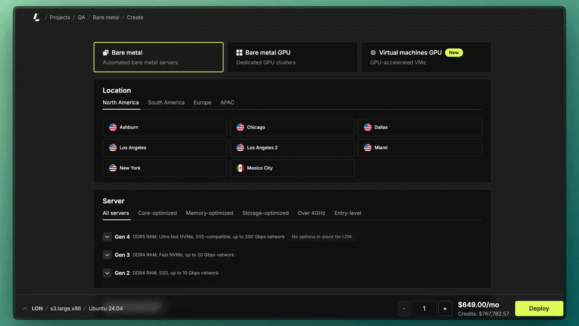 New server creation page